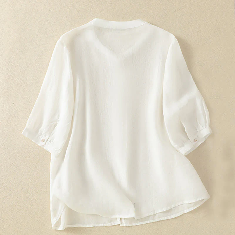 Camicia da donna in cotone a mezza manica con ricamo floreale Buddha Stones e bottoni - Image 35