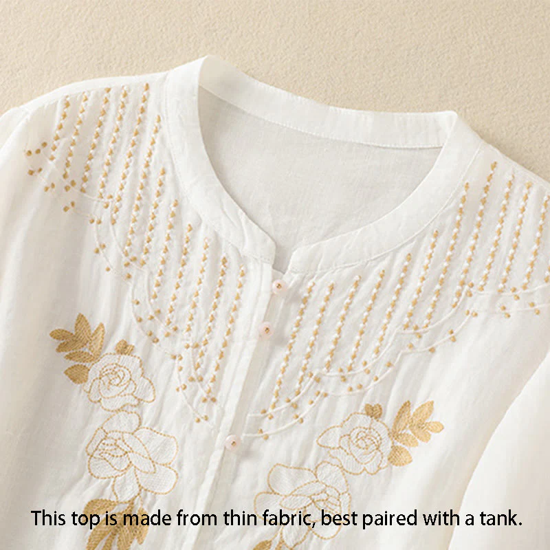 Camicia da donna in cotone a mezza manica con ricamo floreale Buddha Stones e bottoni - Image 36
