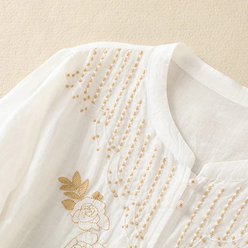 Camicia da donna in cotone a mezza manica con ricamo floreale Buddha Stones e bottoni - Image 38