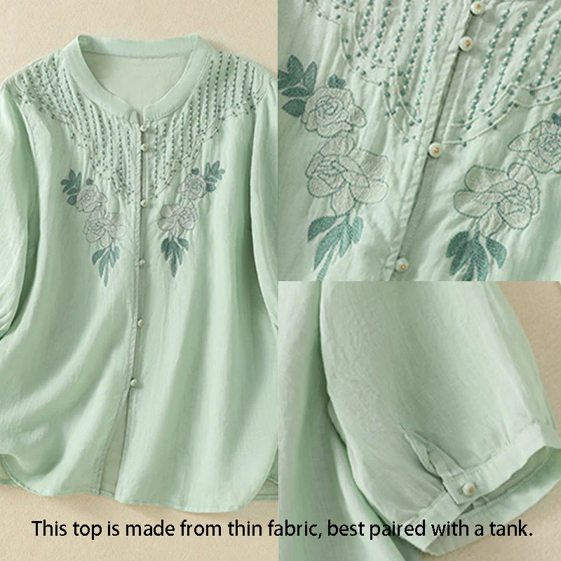 Camicia da donna in cotone a mezza manica con ricamo floreale Buddha Stones e bottoni - Image 4