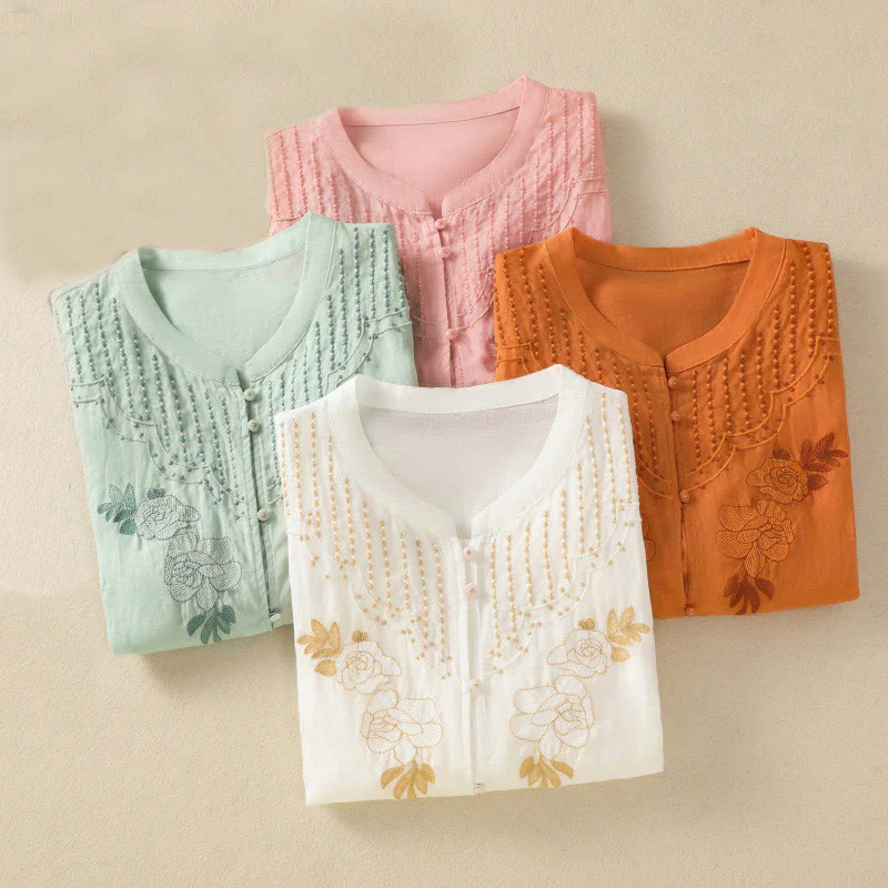 Camicia da donna in cotone a mezza manica con ricamo floreale Buddha Stones e bottoni - Image 42