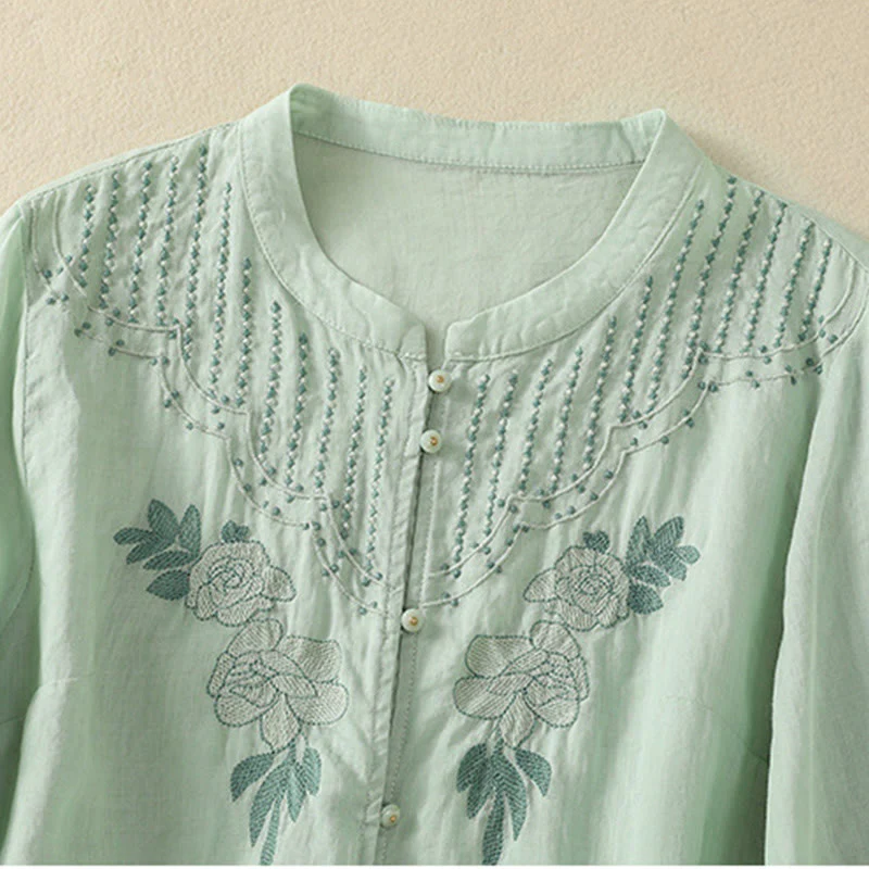 Camicia da donna in cotone a mezza manica con ricamo floreale Buddha Stones e bottoni - Image 5