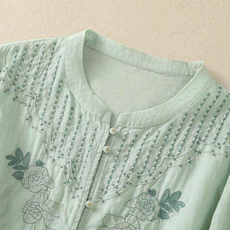 Camicia da donna in cotone a mezza manica con ricamo floreale Buddha Stones e bottoni - Image 7