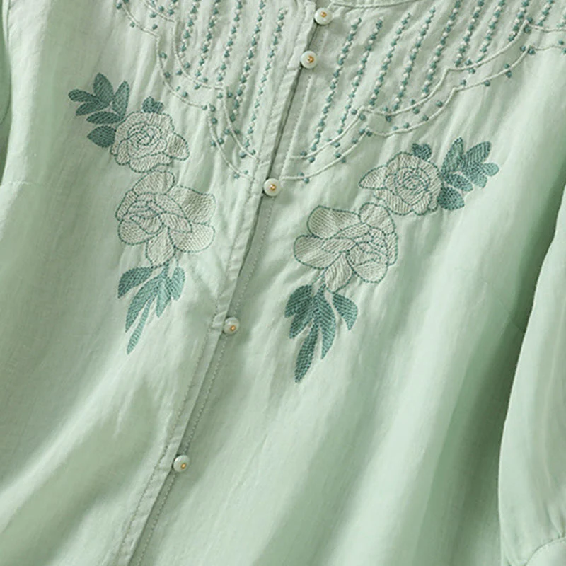 Camicia da donna in cotone a mezza manica con ricamo floreale Buddha Stones e bottoni - Image 8