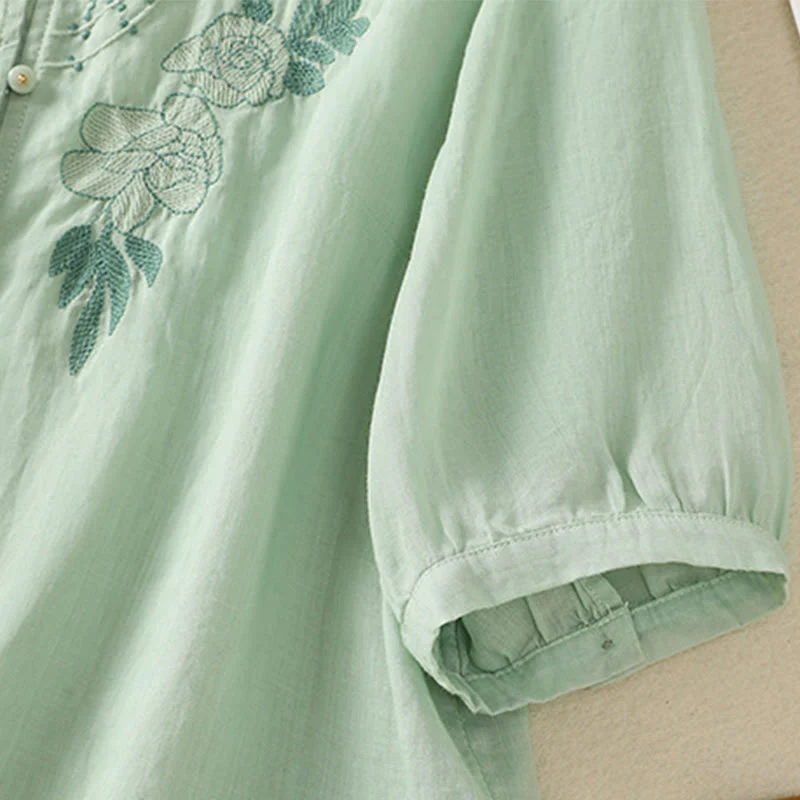 Camicia da donna in cotone a mezza manica con ricamo floreale Buddha Stones e bottoni - Image 9
