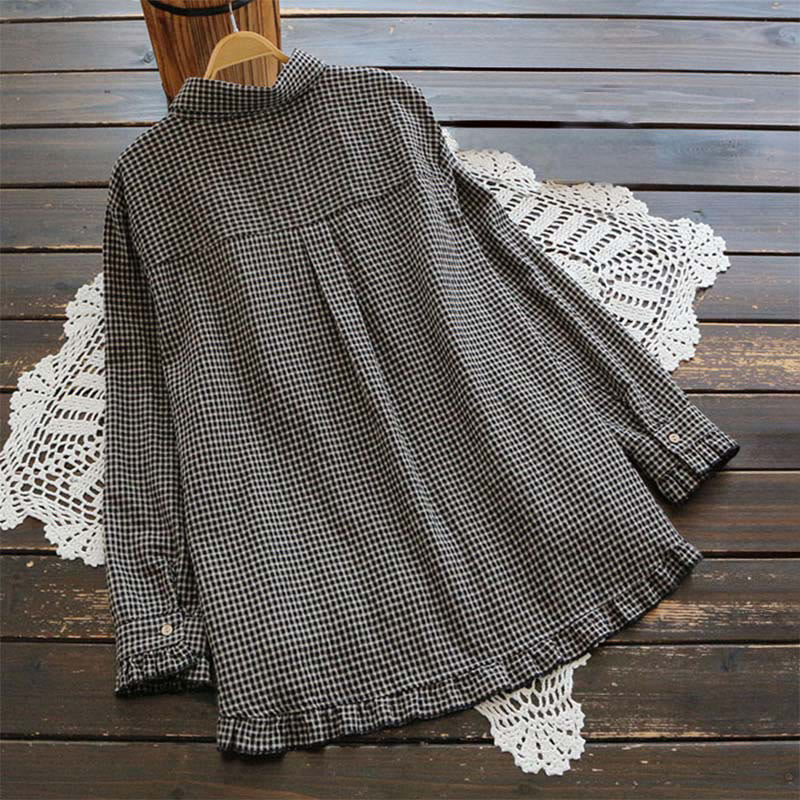 Camicia da donna in cotone con bottoni, a maniche lunghe, motivo a quadri primaverili Buddha Stones con orlo arricciato - Image 6