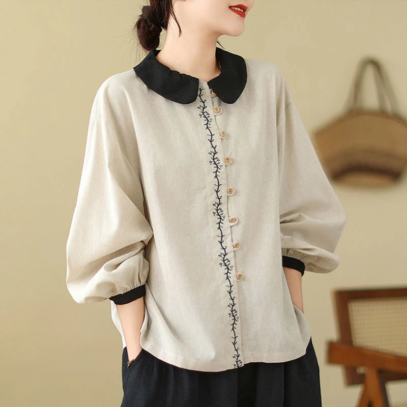 Camicia da donna in cotone con colletto alla Peter Pan, maniche lunghe, ricamo primaverile con Buddha Stones