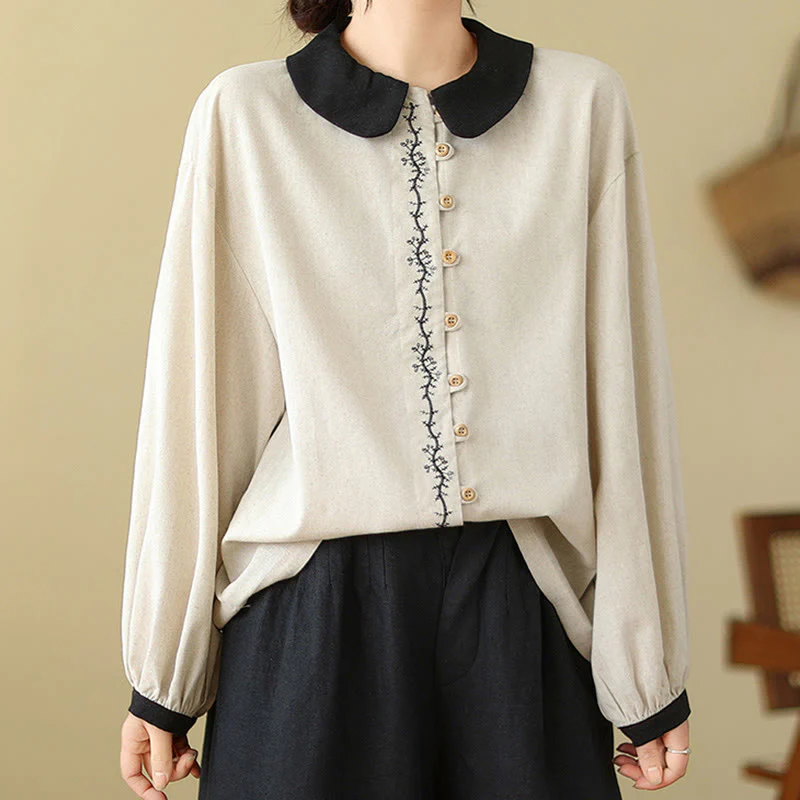 Camicia da donna in cotone con colletto alla Peter Pan, maniche lunghe, ricamo primaverile con Buddha Stones - Image 6