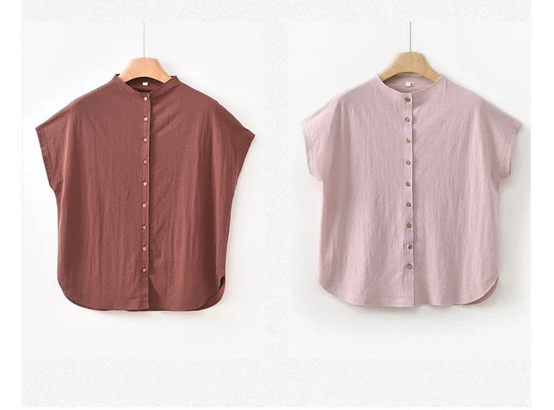 Camicia da donna in cotone a maniche corte con colletto rialzato, design vintage con bottoni Buddha Stones - Image 23