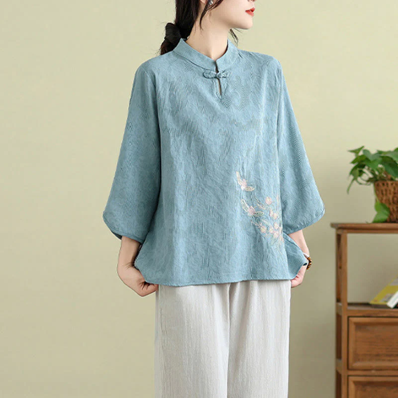 Camicia da donna in cotone con collo alla coreana, maniche a tre quarti, ricamo floreale con Buddha Stones un bottone a forma di rana - Image 13