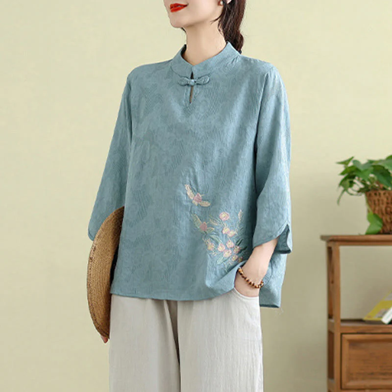 Camicia da donna in cotone con collo alla coreana, maniche a tre quarti, ricamo floreale con Buddha Stones un bottone a forma di rana - Image 15