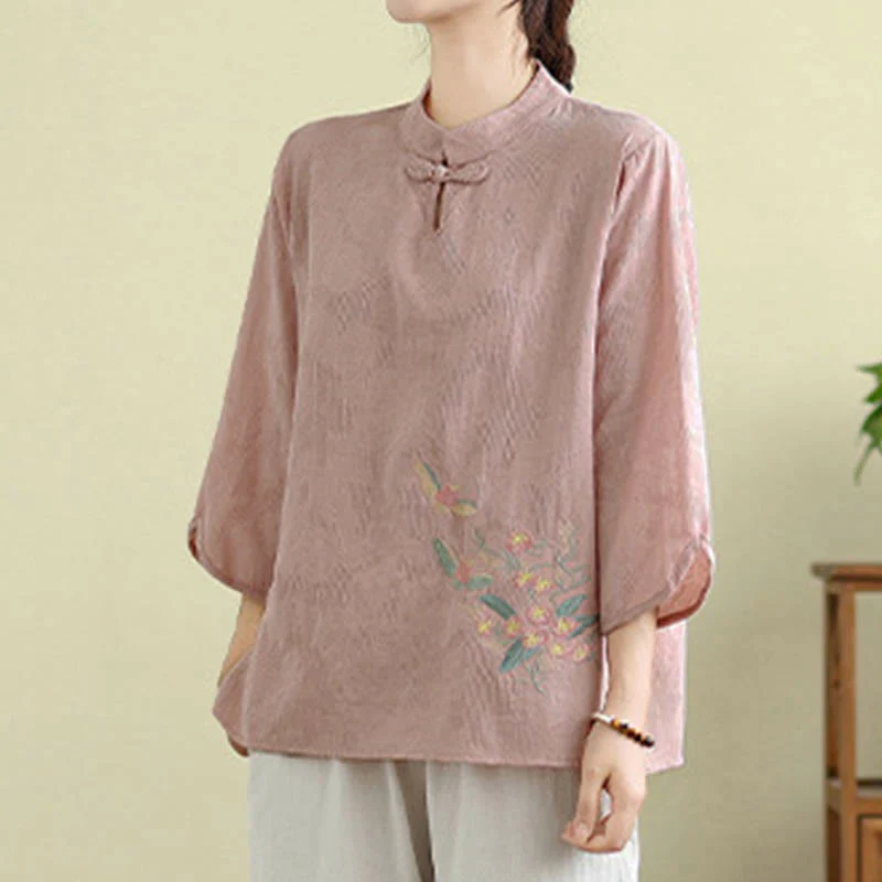 Camicia da donna in cotone con collo alla coreana, maniche a tre quarti, ricamo floreale con Buddha Stones un bottone a forma di rana - Image 22