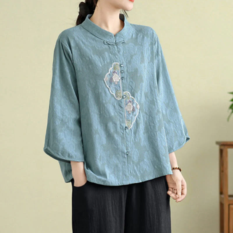 Camicia da donna in cotone con maniche a tre quarti, bottoni a rana, ricamo floreale in jacquard Buddha Stones - Image 15