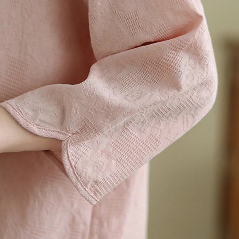 Camicia da donna in cotone con maniche a tre quarti, bottoni a rana, ricamo floreale in jacquard Buddha Stones - Image 24
