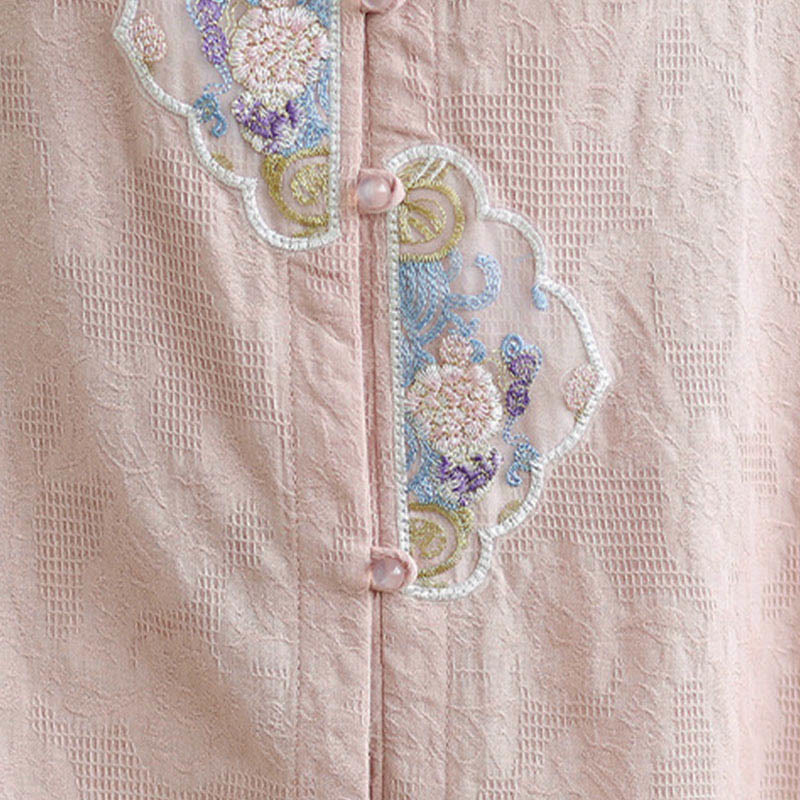 Camicia da donna in cotone con maniche a tre quarti, bottoni a rana, ricamo floreale in jacquard Buddha Stones - Image 25