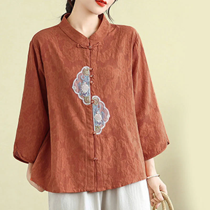 Camicia da donna in cotone con maniche a tre quarti, bottoni a rana, ricamo floreale in jacquard Buddha Stones - Image 7