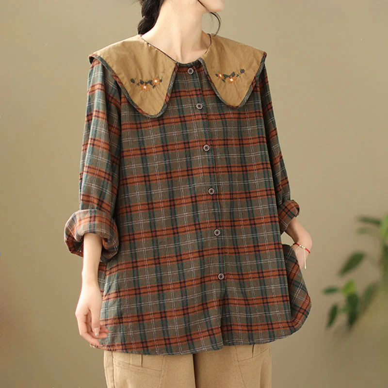 Camicia da donna in cotone con motivo scozzese ricamato con Buddha Stones - Image 10
