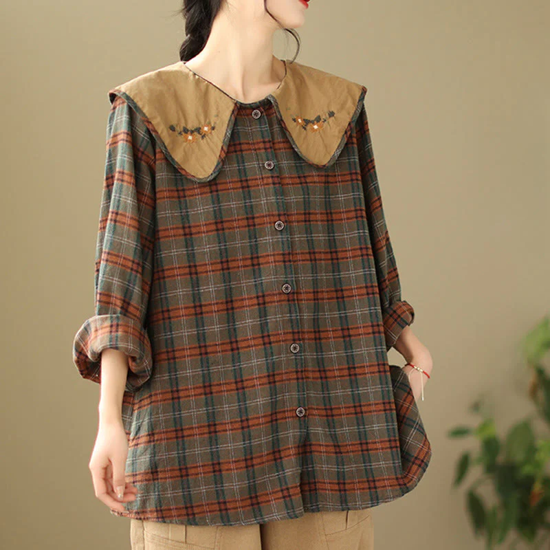 Camicia da donna in cotone con motivo scozzese ricamato con Buddha Stones - Image 11