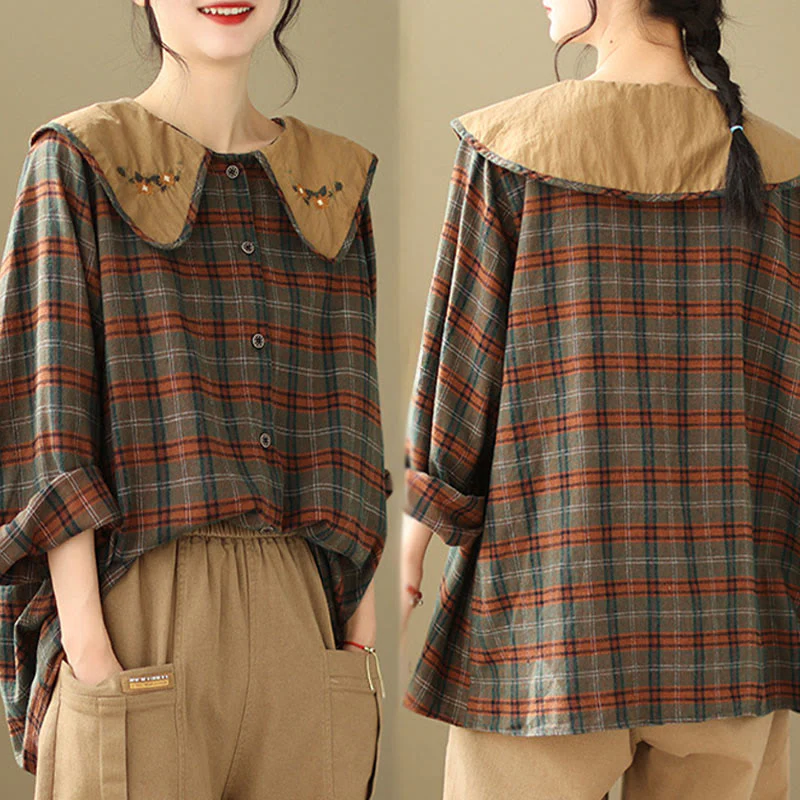 Camicia da donna in cotone con motivo scozzese ricamato con Buddha Stones - Image 12