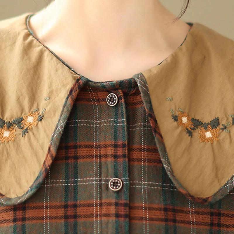 Camicia da donna in cotone con motivo scozzese ricamato con Buddha Stones - Image 13