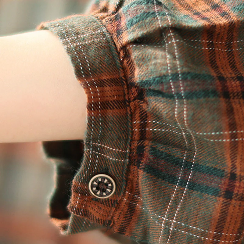 Camicia da donna in cotone con motivo scozzese ricamato con Buddha Stones - Image 16