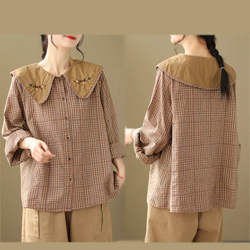 Camicia da donna in cotone con motivo scozzese ricamato con Buddha Stones - Image 6