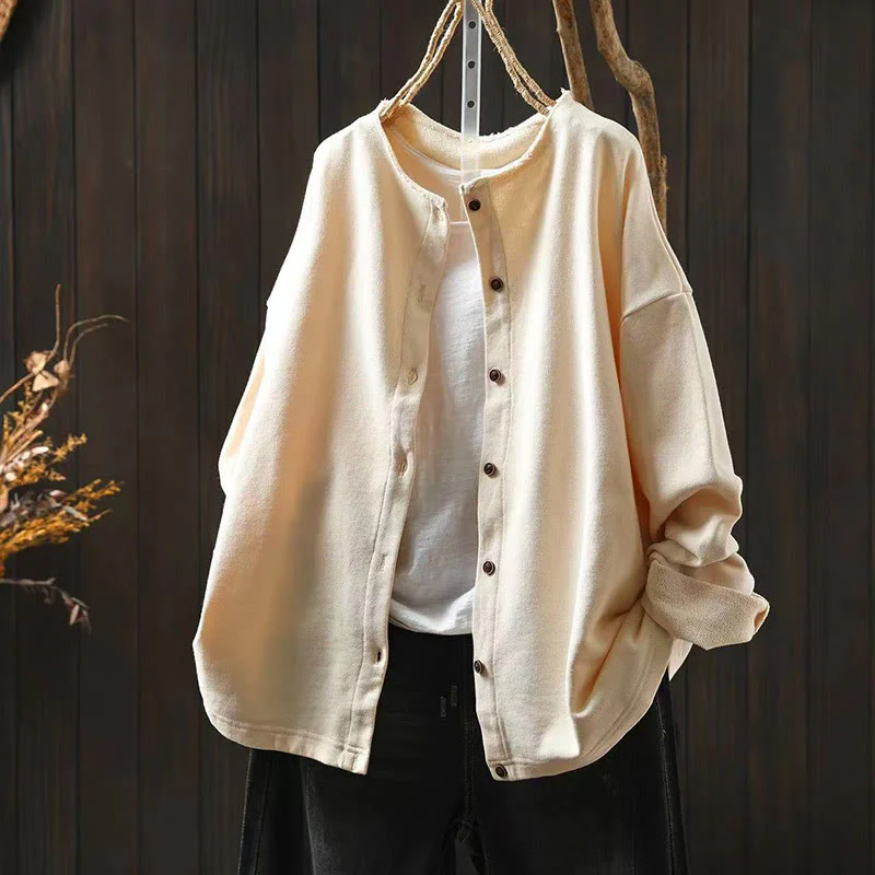 Camicia da donna in cotone con scollo rotondo, maniche lunghe e bottoni , Buddha Stones Fall Solid - Image 21