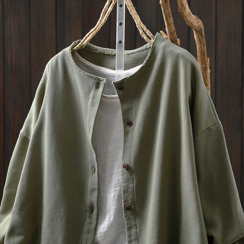 Camicia da donna in cotone con scollo rotondo, maniche lunghe e bottoni , Buddha Stones Fall Solid - Image 24