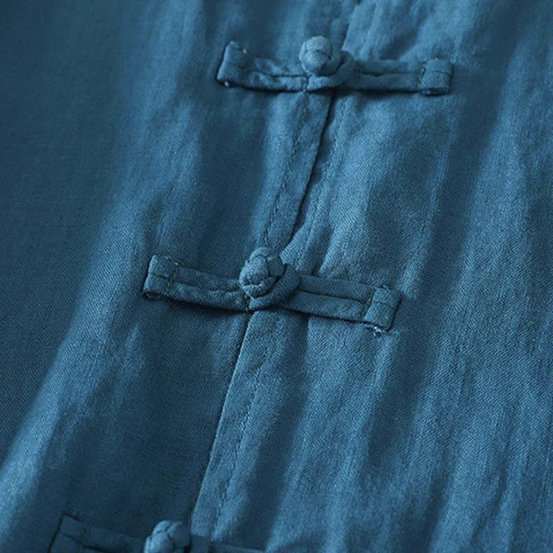 Camicia da donna in cotone di media lunghezza, manica a tre quarti, con colletto rialzato, bottoni a rana, tinta unita, Buddha Stones Fall - Image 12