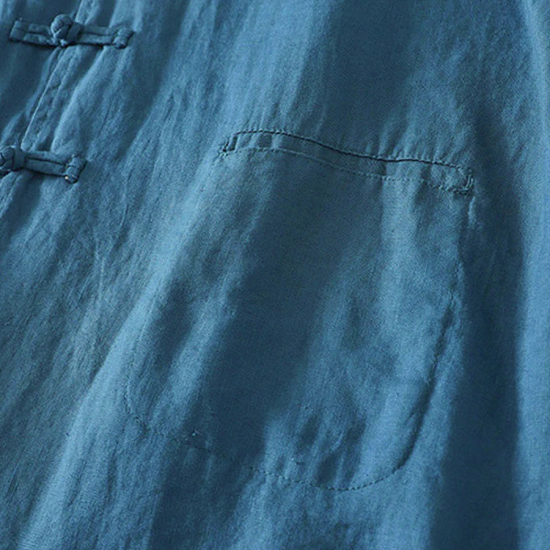 Camicia da donna in cotone di media lunghezza, manica a tre quarti, con colletto rialzato, bottoni a rana, tinta unita, Buddha Stones Fall - Image 13