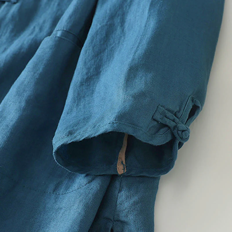 Camicia da donna in cotone di media lunghezza, manica a tre quarti, con colletto rialzato, bottoni a rana, tinta unita, Buddha Stones Fall - Image 15