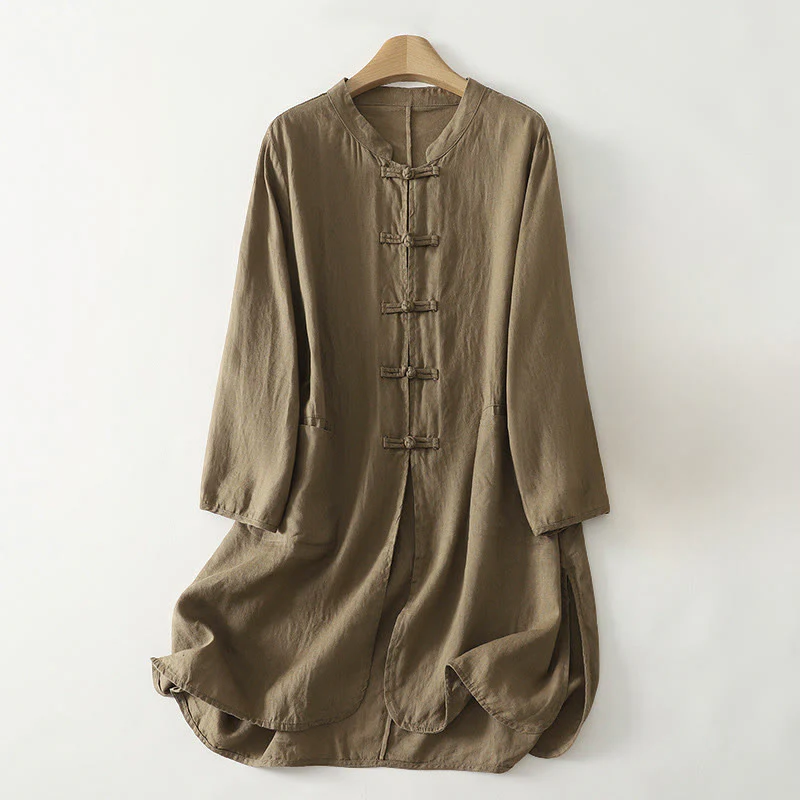 Camicia da donna in cotone di media lunghezza, manica a tre quarti, con colletto rialzato, bottoni a rana, tinta unita, Buddha Stones Fall - Image 2