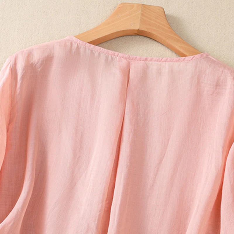 Camicia da donna in cotone e lino a mezza manica con scollo rotondo e fiori ricamati con Buddha Stones - Image 17