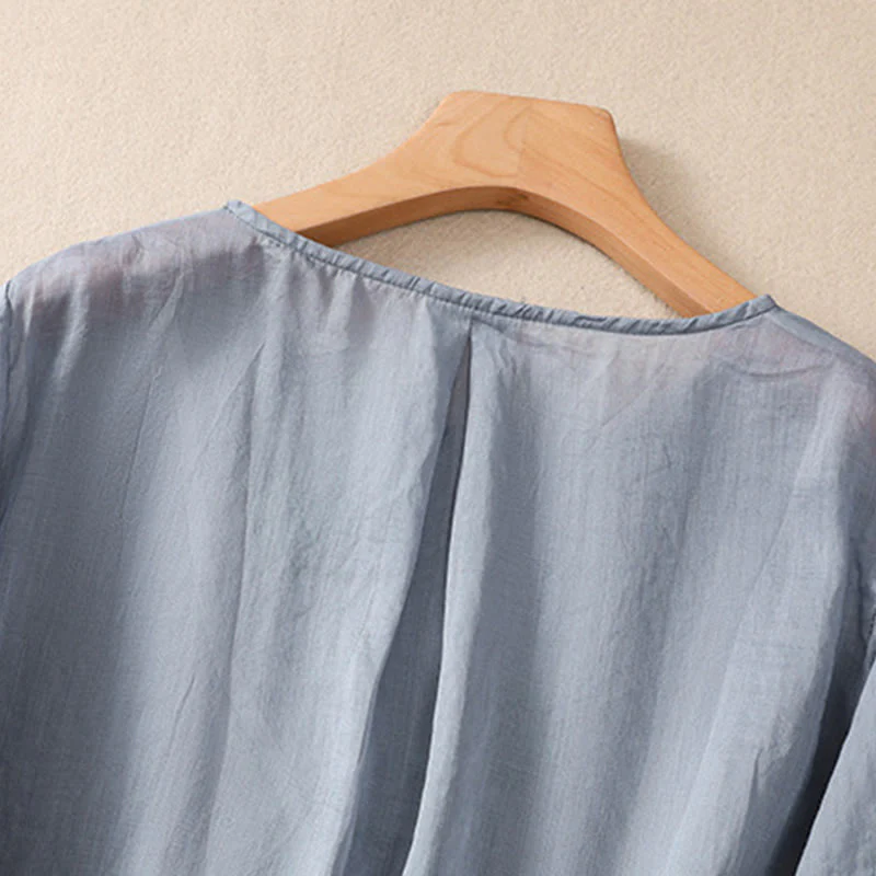 Camicia da donna in cotone e lino a mezza manica con scollo rotondo e fiori ricamati con Buddha Stones - Image 4