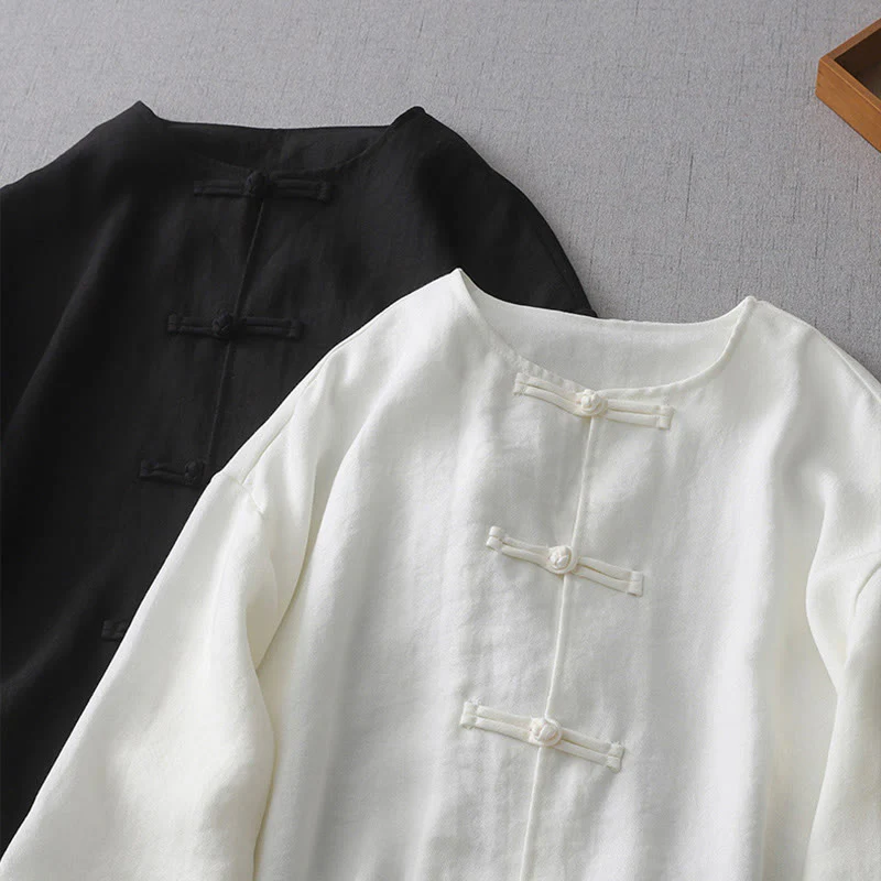 Camicia da donna a maniche lunghe con bottoni in tinta unita Buddha Stones - Image 11