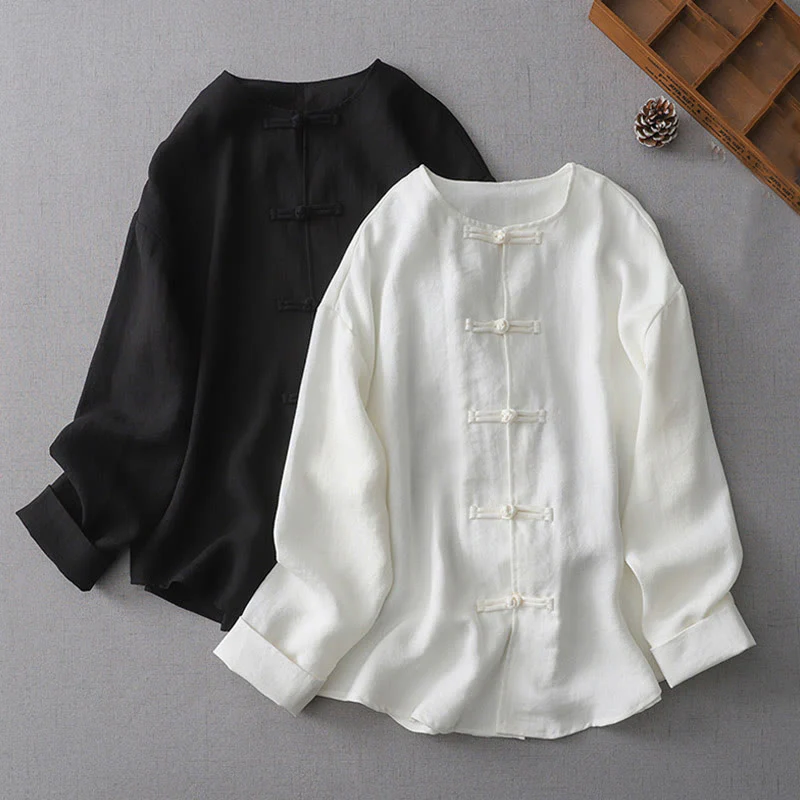 Camicia da donna a maniche lunghe con bottoni in tinta unita Buddha Stones - Image 2