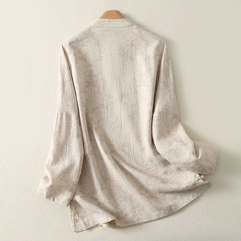 Camicia da donna in cotone e lino a maniche lunghe con motivo testurizzato e bottoni a Buddha Stones - Image 2