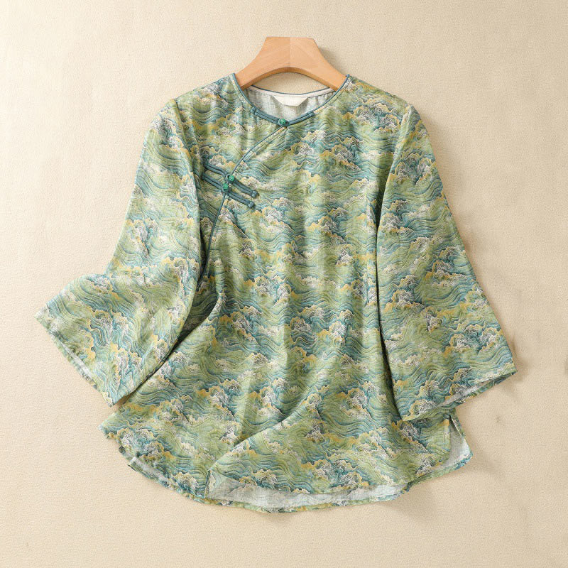 Camicia da donna in cotone e lino a maniche lunghe, con stampa estiva casual e bottoni a rana, motivo Buddha Stones - Image 11