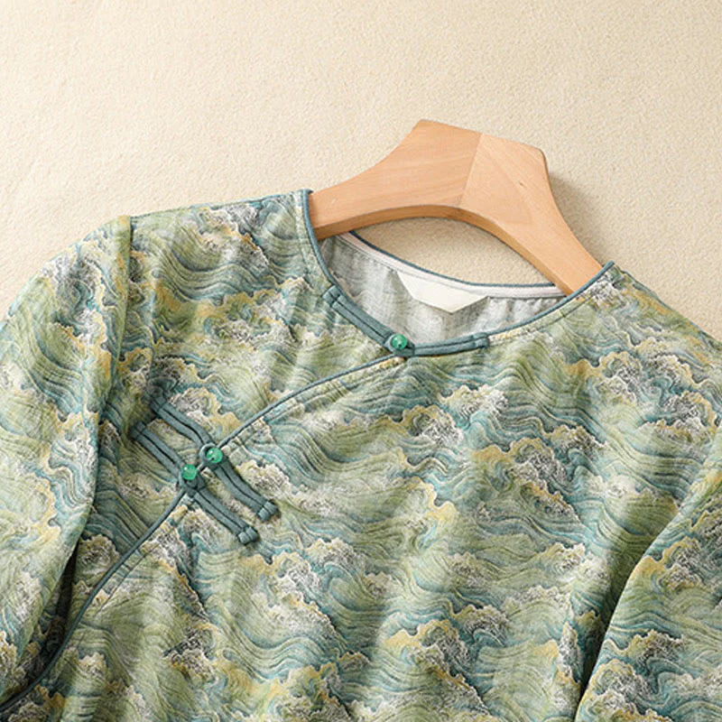 Camicia da donna in cotone e lino a maniche lunghe, con stampa estiva casual e bottoni a rana, motivo Buddha Stones - Image 13