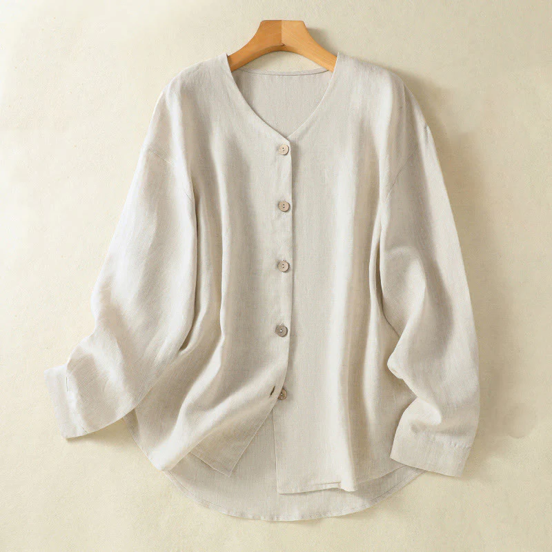 Camicia da donna in cotone e lino con scollo a V, maniche lunghe, motivo Buddha Stones Spring, bottoni semplici