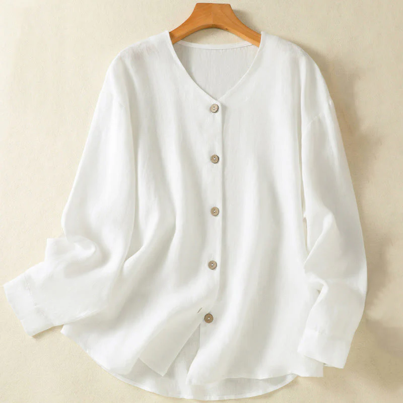 Camicia da donna in cotone e lino con scollo a V, maniche lunghe, motivo Buddha Stones Spring, bottoni semplici - Image 10