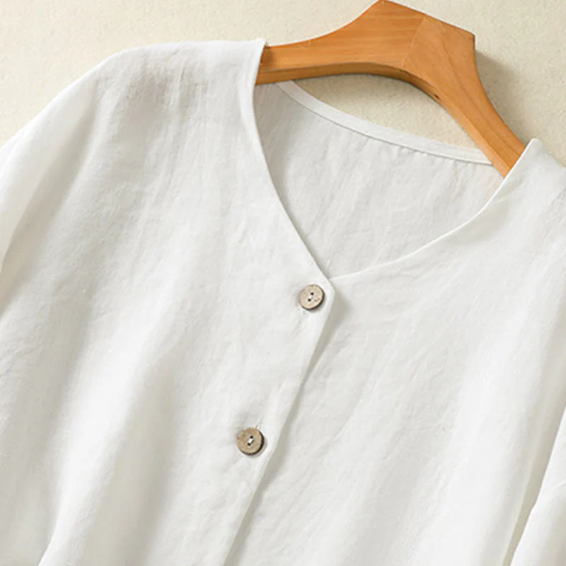 Camicia da donna in cotone e lino con scollo a V, maniche lunghe, motivo Buddha Stones Spring, bottoni semplici - Image 12