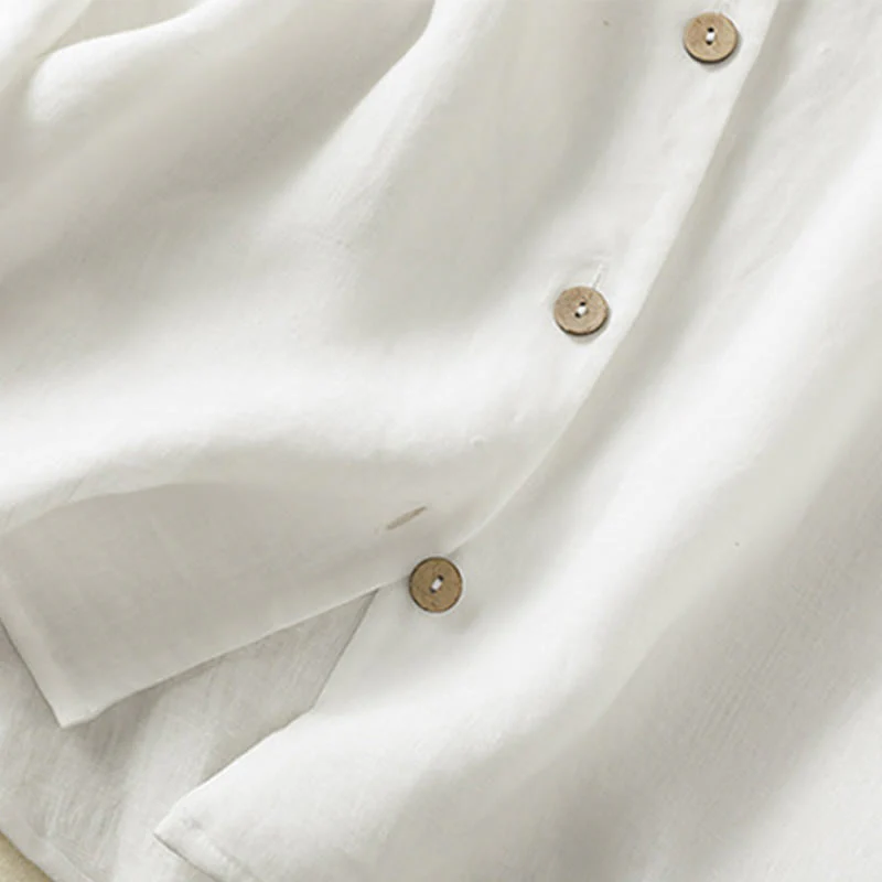 Camicia da donna in cotone e lino con scollo a V, maniche lunghe, motivo Buddha Stones Spring, bottoni semplici - Image 16