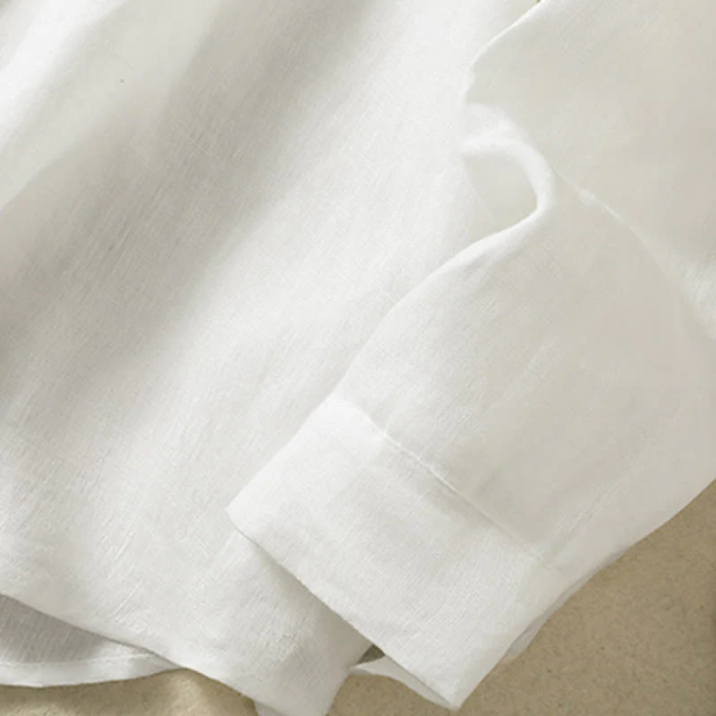 Camicia da donna in cotone e lino con scollo a V, maniche lunghe, motivo Buddha Stones Spring, bottoni semplici - Image 18