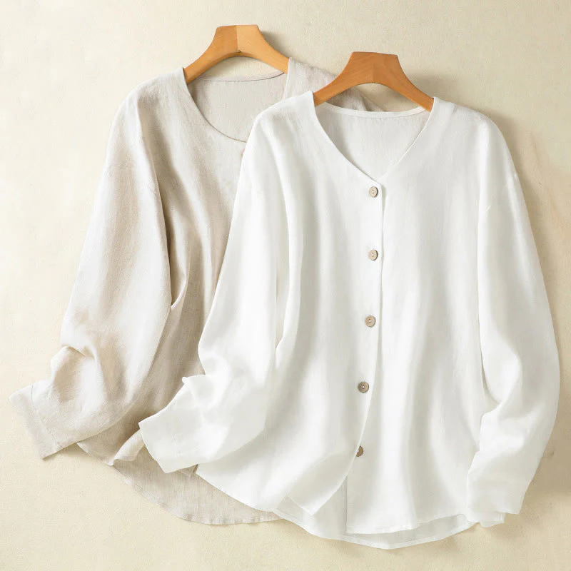 Camicia da donna in cotone e lino con scollo a V, maniche lunghe, motivo Buddha Stones Spring, bottoni semplici - Image 19