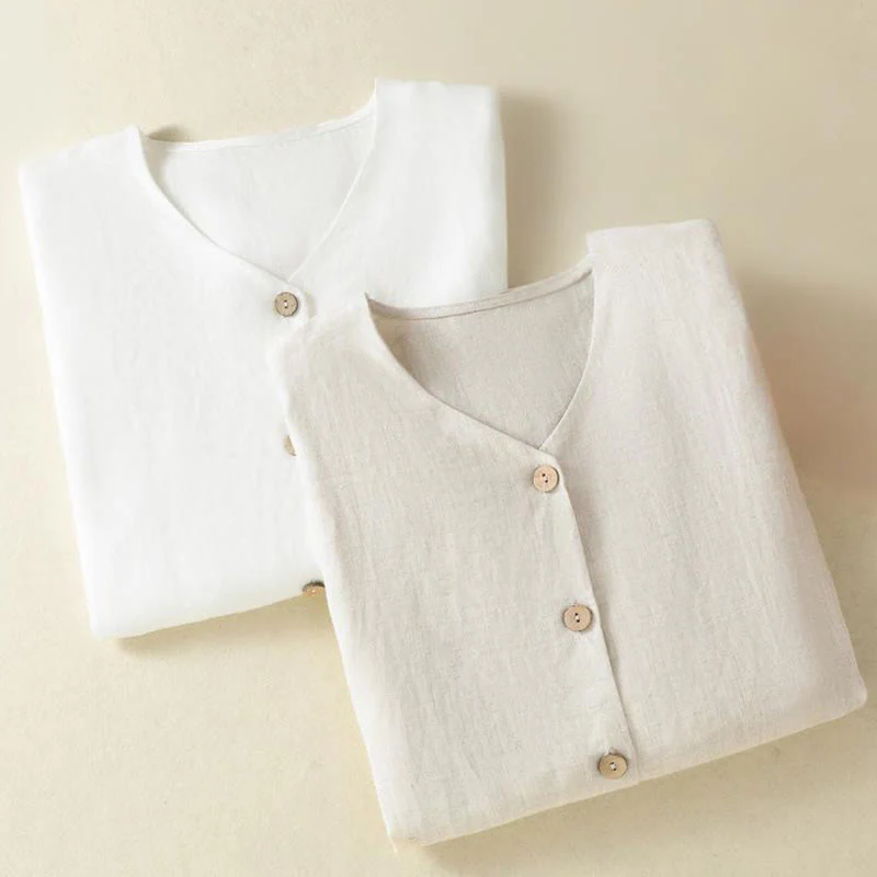 Camicia da donna in cotone e lino con scollo a V, maniche lunghe, motivo Buddha Stones Spring, bottoni semplici - Image 20