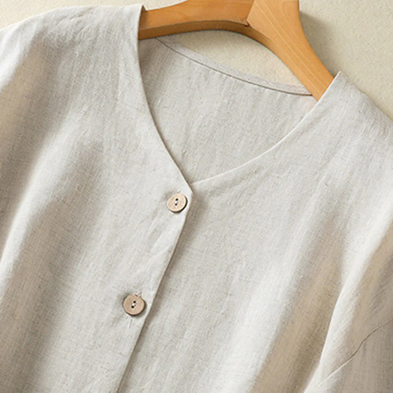 Camicia da donna in cotone e lino con scollo a V, maniche lunghe, motivo Buddha Stones Spring, bottoni semplici - Image 3