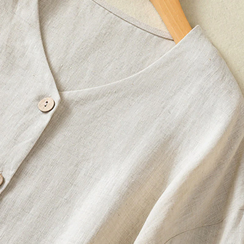 Camicia da donna in cotone e lino con scollo a V, maniche lunghe, motivo Buddha Stones Spring, bottoni semplici - Image 4