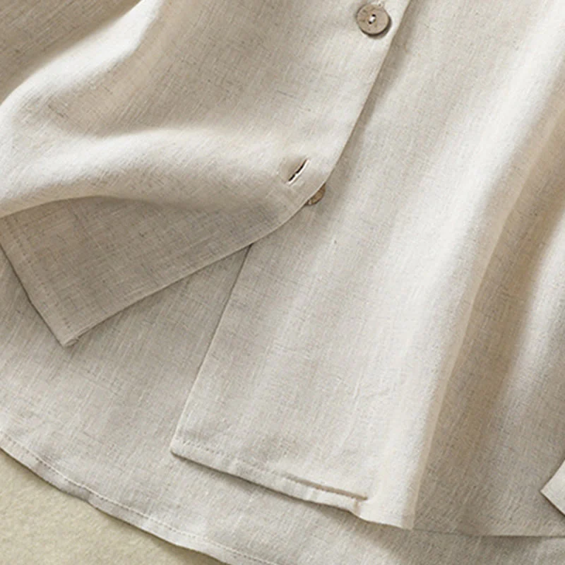 Camicia da donna in cotone e lino con scollo a V, maniche lunghe, motivo Buddha Stones Spring, bottoni semplici - Image 7