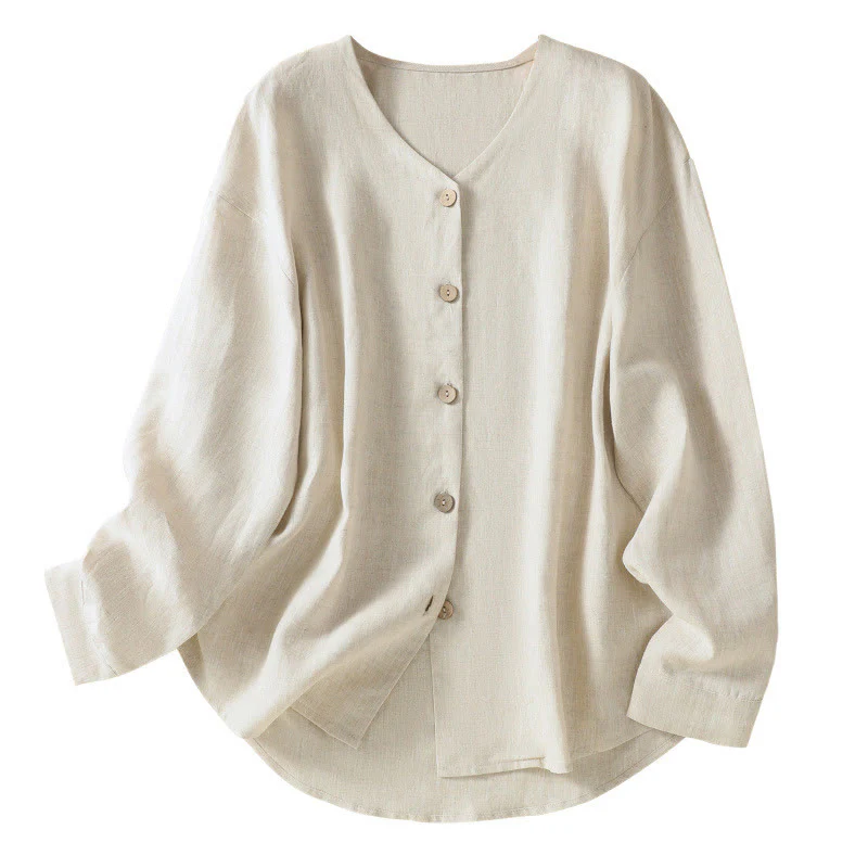 Camicia da donna in cotone e lino con scollo a V, maniche lunghe, motivo Buddha Stones Spring, bottoni semplici - Image 9